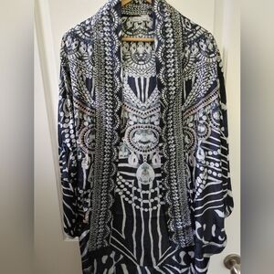 🩷NWOT Lola Victoria ~Teal Blue & White Patterned Cocoon  Rhinestone Kimono OS